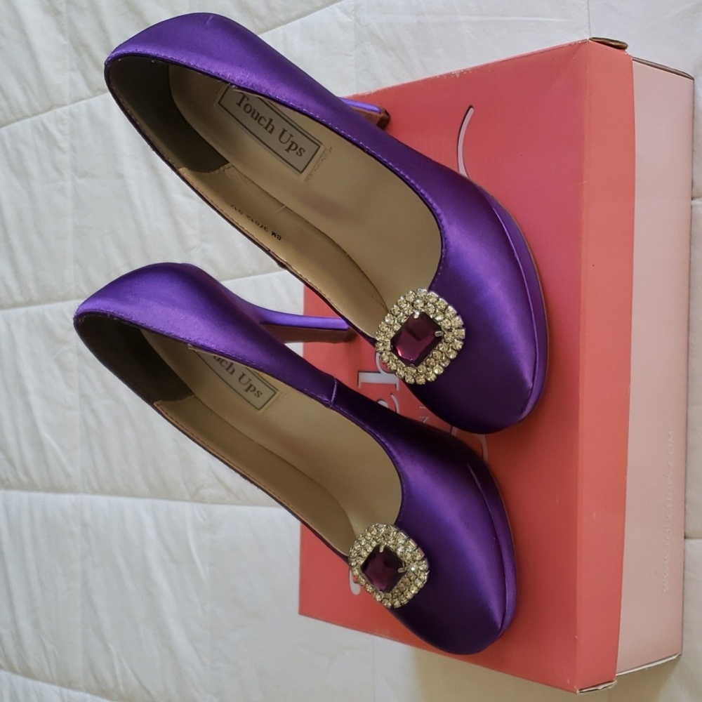 Satin dyed stilleto pumps with removable purple gemstone added accent
